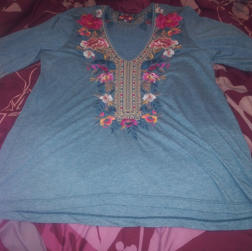 Johnny Was Katina 3/4 sleeve cotton embroidered bl